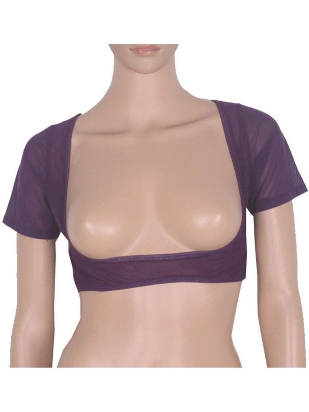 〽️Women Deep Purple Mesh Open Bust Square Neck Short Sleeve Belly Dance Crop Top